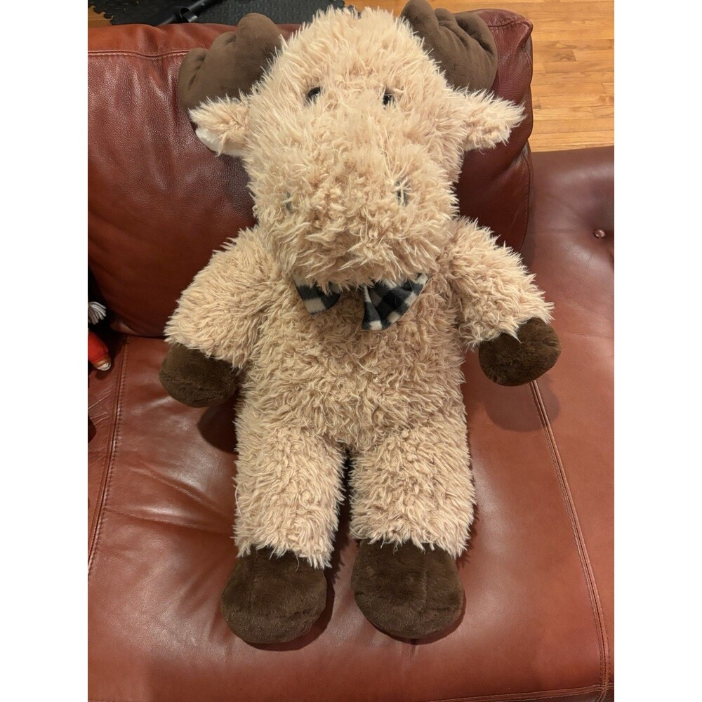 Large 30 Inch Tan Beige Brown Moose Plush With Plaid Bow Tie